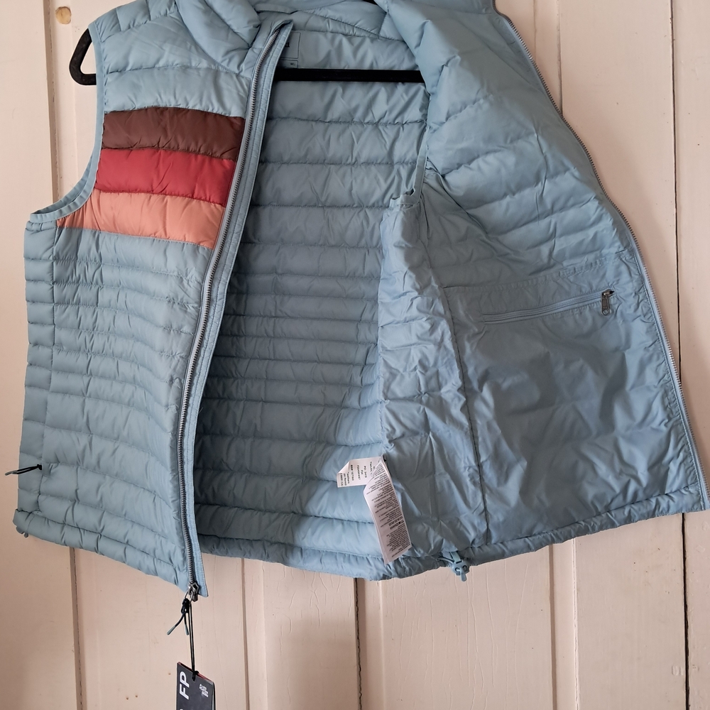cotopaxi Women's Light Blue Quilted Down Vest with Multi-Color Chest Stripes - Picture 3 of 7